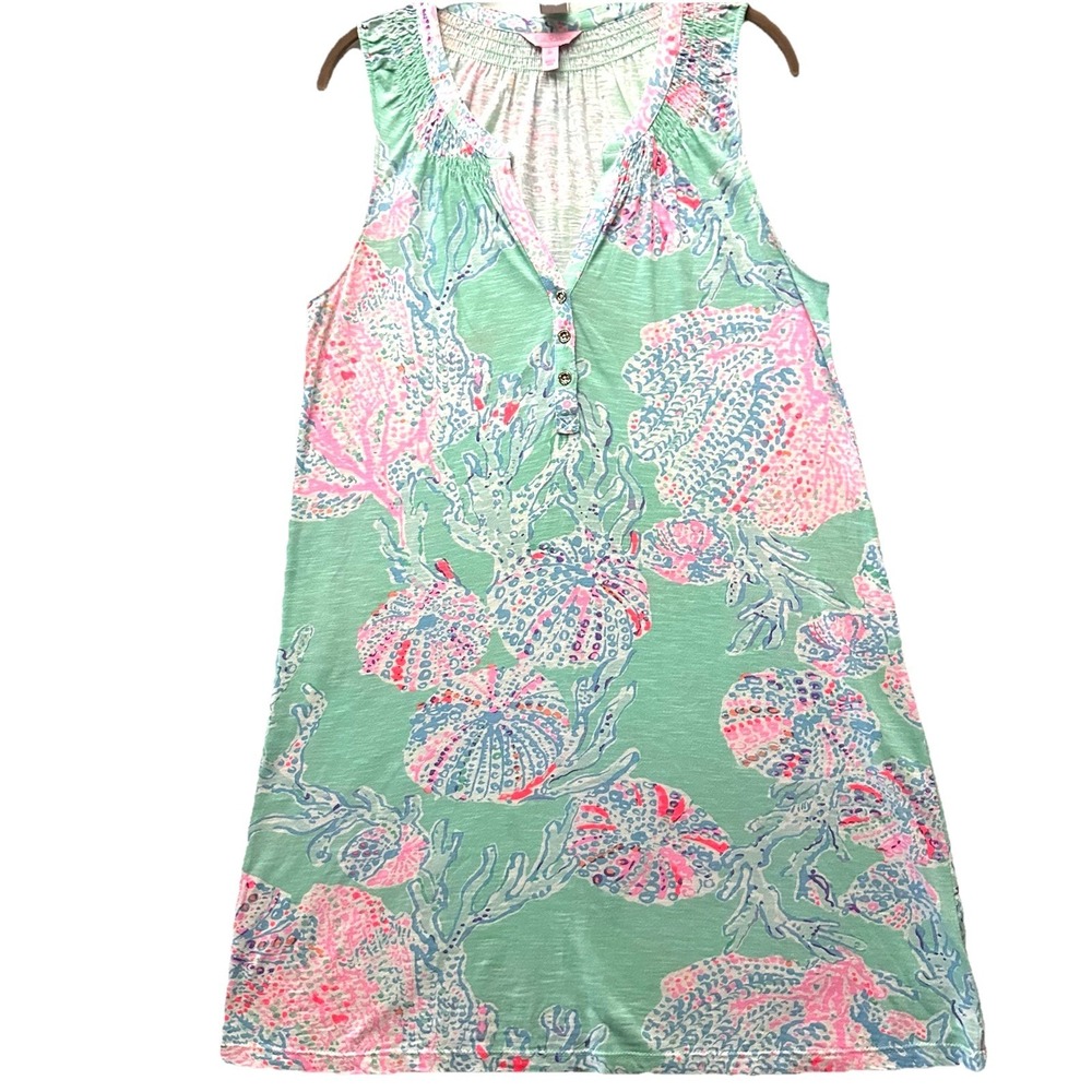 Lilly Pulitzer M Medium Fansea Minty‎ Fresh Sleeveless Shift Dress Ocean Beach